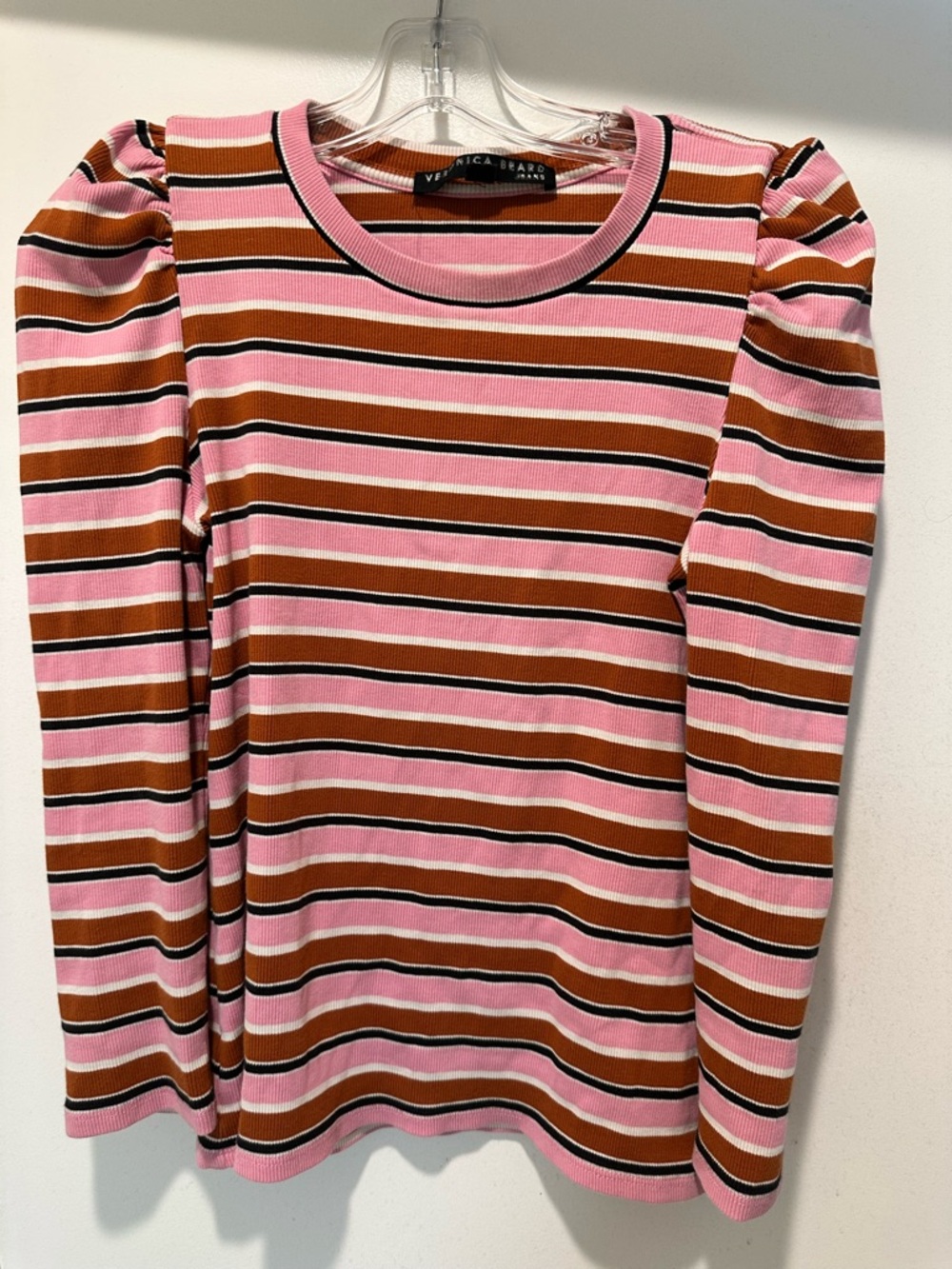 Veronica Beard Ribbed Striped Crewneck Top in Pink, Brown, Black, Cream